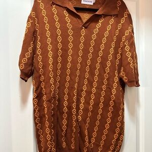 Men’s XXL Brown Short Sleeve Polo Sweater Shirt with Orange Diamond Pattern